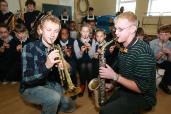 Peter and Mathew Berrill from Galway Jazz Festival join pupils from the Claddagh National School for a 'Jazz For Juniors' workshop in advance of the Galway Jazz Festival which kicks off on October 9. 