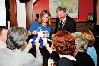 Musician Sharon Shannon and County Mayor Cllr Thomas Welby launch the  'Who Wants to Be A Thousandaire' fundraiser for the Oughterard Courthouse restoration.