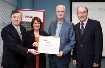 Pictured at the recent NSAI certificate presentation event are; (Left to Right) Minister for Small Business John Perry, Breda Crehan-Roche and Adrian Harney of Ability West, with NSAI chief executive Maurice Buckley.