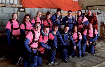 Back row - Clare Burke, Jenna Fahy, Amy Lavelle, Cait Farrell, Joseph Kelly, Sam O'Neill, Katie Cleary, and Brian McKee (Skydive Ireland). Front Row - Joe O'Connor, Martin Munnelly, Molly Dunne, Dennis O'Neill, Antoinette Canavan, and Dr Larry Elwood.