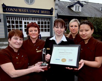 The Connemara Coast Hotel accommodation team (l-r) Ann O'Connor, Teresa Faherty, accommodation manager Monika Chwastek, Agnieszka Mikstacka, and Sheila Gurung  with their IASI awards. Photo:- Mike Shaughnessy
