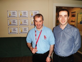 Dermot Hyland (left) who has found fulfilling employment at Kinlay House with the help of EmployAbility and Frank O'Connell (right), general manager of Kinlay House Hostel.