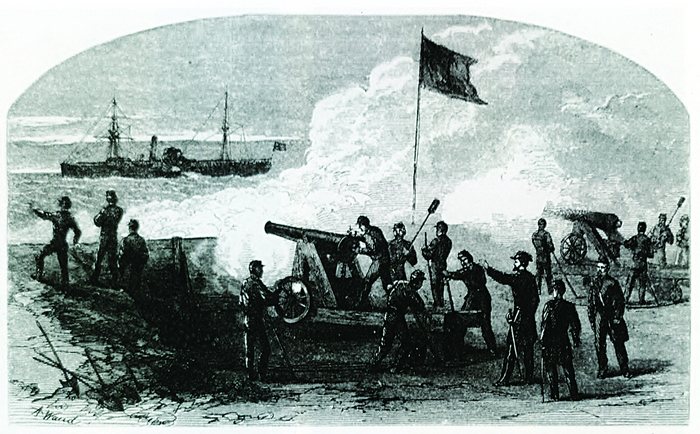 Deadly accuracy won the day: Engraving of a Confederate coastal battery in an earthen fortification similar to Fort Griffin in September 1863.