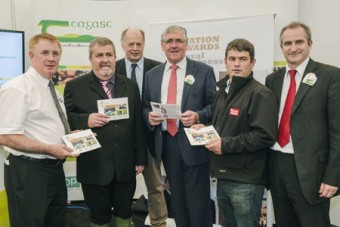 Pictured on the Teagasc stand at the National Ploughing Championships at Ratheniska, Stradbally, Co Laois, to launch the JFC Innovation Awards are John Concannon, JFC, Cathal O hOisin, assembly private secretary to Minister Michelle O'Neill, DARD, Dr Tom Kelly, director of knowledge transfer, Teagasc, Tom Hayes, Minister of State at the Department of Agriculture, Food & the Marine, Peter Young, Irish Farmers Journal, and David Small, deputy secretary DARD.