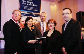 Pictured at the Ulster Bank Ahead for Business event, Radisson Blu Hotel, Galway, (L-R) Simon Barry, Chief Economist, Ulster Bank; Caroline Miney, Head of Business Banking, Galway Mayo Business Centre, Ulster Bank; Neville Furlong, Kinlay Hostel; Jill Kerby, personal finance journalist and Kenneth Fox, Channel Mechanics. 