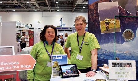 Janet Cavanagh, E-Whizz ( Kilfenora, Co Clare); and Paul Harmon, Electric Escapes (Westport, Co Mayo), on the Tourism Ireland stand at the 2014 Telegraph Outdoor Adventure and Travel Show in London.
