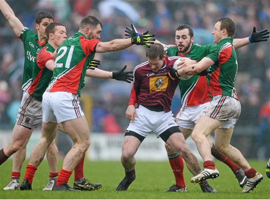 No getting away: Seamie O'Shea, Donal Vaughan, Colm Boyle, David Drake and Lee Keegan close off all avenues for escape for Westmeath's Gavin Hoey on Sunday. Photo:Sportsfile 