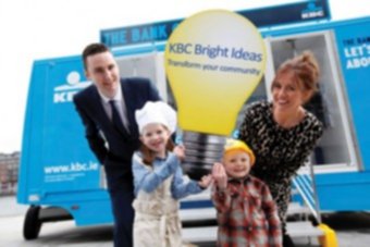 Hannah Corcoran, age seven and Alex Corcoran age three, with KBC hub managers David Murphy and Breda Gormally at the launch of the KBC Bright Ideas community programme. Picture Jason Clarke Photography