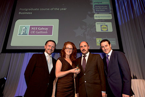 Pictured receiving the the Best Business Postgraduate Course of the Year Award&rsquo; at the national gradireland Graduate Recruitment Awards 2014 were (l-r): Gavin O&rsquo;Brien, commercial manager gradireland; Ann Walsh, programe director of MSc in marketing practice, NUI Galway; Dr Kieran Conboy, Dean of NUI Galway&rsquo;s College of Business, Public Policy and Law; and Paul Martin, head of HR with Lidl Ireland.