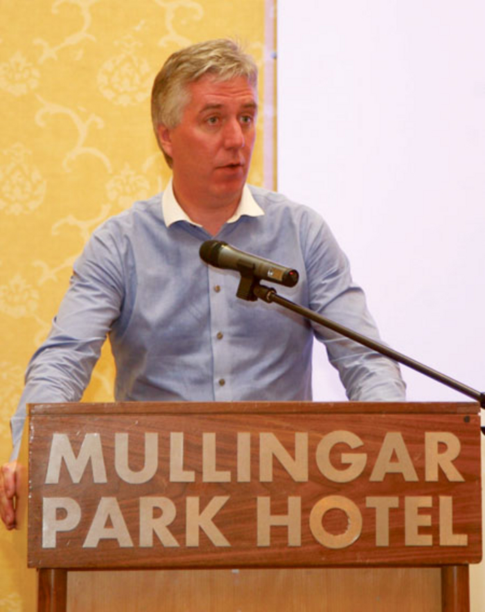 John Delaney speaking at the FAI confederation of supporters clubs conference in The Mullingar Park Hotel on Wednesday. Photo: Thomas Gibbons