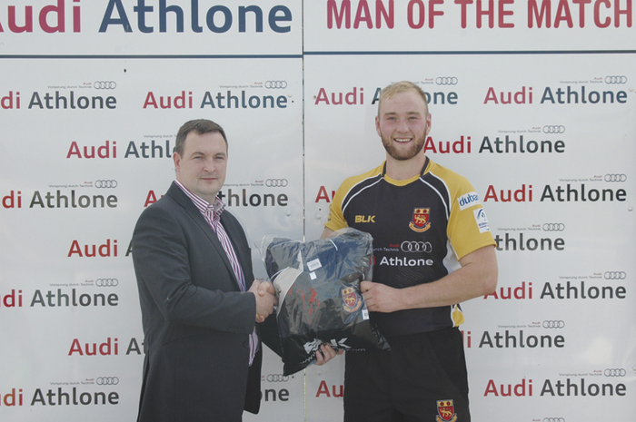 Richie Hickey presents the Audi Athlone Man of the Match award to Josh O’Rourke after Buccaneers’ win over Garryowen.