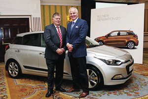 Pictured at the recent launch of the new Hyundai i20 are David Hogan of Hogan Motors, Ballybrit, with rugby pundit Brent Pope.  The new i20 will be on show in the dealship this weekend.