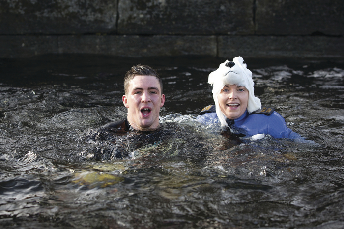 Connaught rugby star David McSharry and Garda Aisling Brady take the plunge at the launch of the Special Olympics Polar Plunge