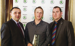 Pictured (L to R) at the national Skoda Service Advisor Champion award presentation were: Chris Lowry, technical coach of Skoda Ireland, with winner David Mullane, service managerat Monaghan &amp; Sons, Galway, and David Rave, head of aftersales Skoda Ireland.