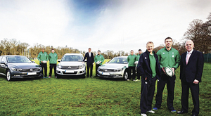 Pictured at the handover of the new Volkswagen IRFU fleet are (from left to right): Simon Zebo; Tommy O&rsquo;Donnell; Tiernan O&rsquo;Rourke, national corporate sales manager, Volkswagen; Marty Moore; Sean Cronin; Fergus McFadden; Joe Schmidt; Tommy Bowe and Paul O&rsquo;Sullivan, head of marketing, Volkswagen.