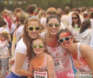 Colour and fun: Maeve McNamara, Marie Gallagher, Nollaig and Maura McLoughlin, pictured at the Mayo Colour Run in aid of Aware at Lough Lannagh, Castlebar, on Sunday. Photo: Conor McKeown.