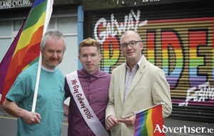 Galway Pride Committee member Tommy Roddy, Mr Gay Galway Gary Ridge, and Galway Pride chair Eamonn Cunniss getting ready for the 26th Galway Pride which starts today (Thursday August 13). Photo:- Mike Shaughnessy