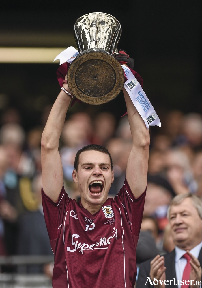 Champions: Galway captain Séan Loftus lifts the Irish Press Cup in the Hogan Stand. Photo: Sportsfile 