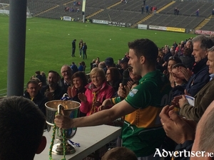 The long wait is over: Ardnaree captain Eoin McCormack makes his speech after his sides first Mayo GAA JFC win in 44 years. Photo: CG 