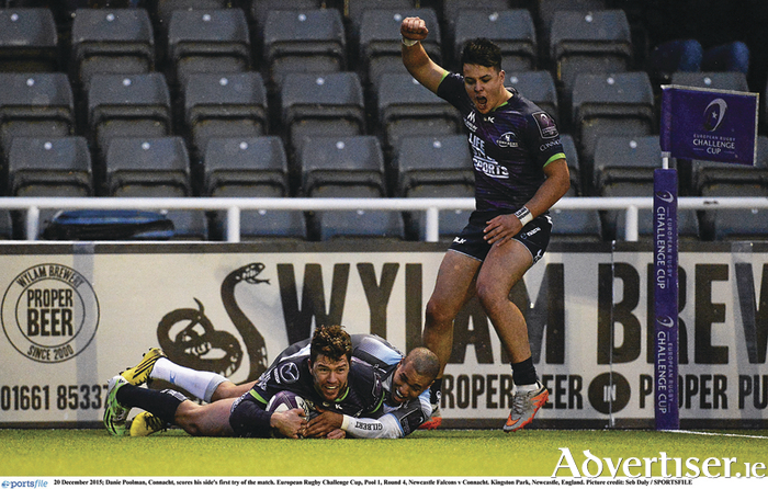 Connacht’s Danie Poolman scores his fifth try in six outings, much to the delight of Rory Parata, to level the game at half time in the  European Rugby Challenge Cup round four fixture with Newcastle Falcons at Kingston Park, Newcastle. 		Picture credit: Seb Daly / SPORTSFILE