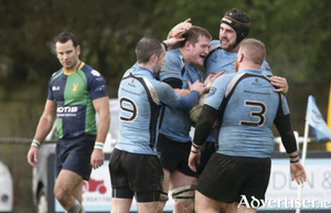 Galwegians&#039; Dave Nolan fights to control possession against Ballynahinch RFC in the Bateman Cup semi-final at Crowley Park, which Galwegians won.  Photograph: Mike Shaughnessy