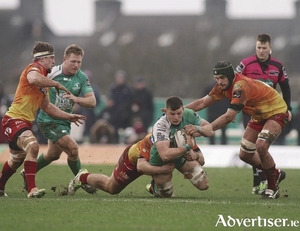  No 8 Eoghan Masterson on the attack for Connacht in their victory over Scarlets in the Guinness Pro12 game at the Sportsground on Saturday.      Photo:-Mike Shaughnessy