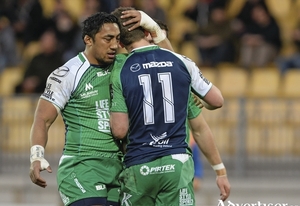 Matt Healy celebrates with Bundee Aki, after scoring a try in Connachts win last weekend over Zebre. Photo: Sportsfile