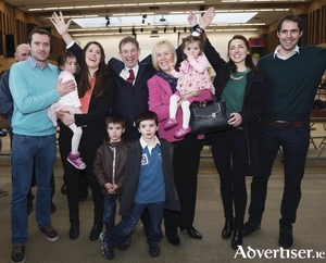 Eamon &Oacute; Cu&iacute;v celebrates his re-election to D&aacute;il &Eacute;ireann with his wife Aine (pink top) with their  family, from left; Sean &Oacute; Bioragra and wife Emer N&iacute; Chu&iacute;v, with their children Aine, Se&aacute;n, Eamon, and Mairead N&iacute; Bhioragra; with Anna Murphy and her fianc&eacute; Eamon &Oacute; Cu&iacute;v jr. Photo:- Mike Shaughnessy 