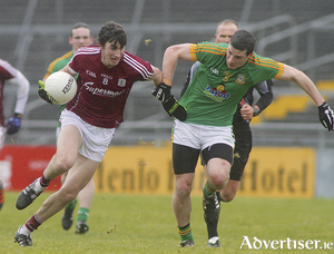 Enda Tierney of Galway and Donnacha Tobin of Meath in action from from the Allianz National Football league game at Pearse Stadium on Sunday. Photo:-Mike Shaughnessy