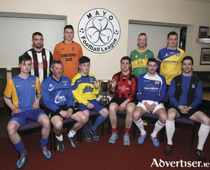Ready for the off: The captains of the sides who will be competing in the Mayo League Premier Division this year at the league launch which took place this week. Photo: Michael Donnelly 