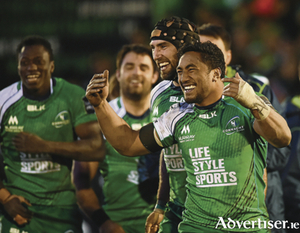 One more step: Bundee Aki and his Connacht team-mates celebrate following their side&#039;s victory last weekend. Photo: Sportsfile