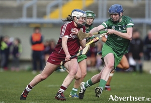 Limerick&#039;s Judith Mulcahy tries to stop Galway&#039;s Ailish O&#039;Reilly in the Irish Daily Star National League division one semi-final in Birr on Sunday.  Photo: INPHO/Ken Sutton