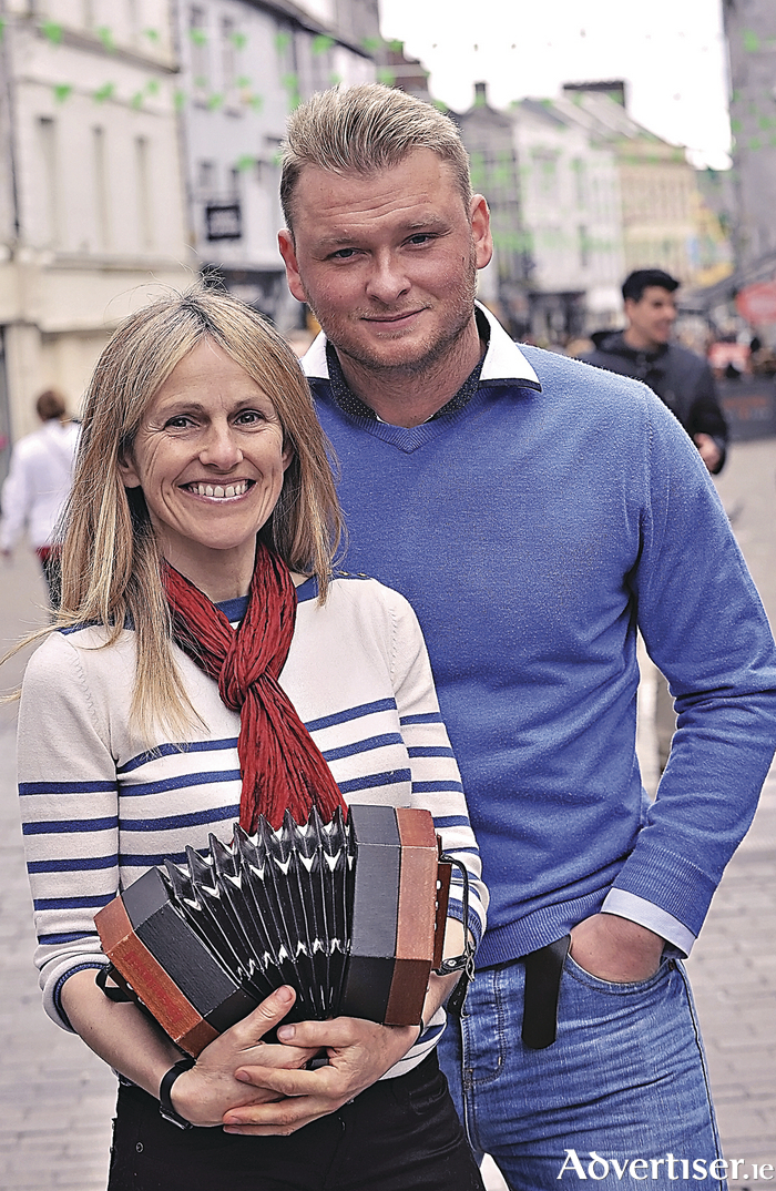 Kamil Krolak and Sharon Shannon pictured at the launch of Saturday’s video.