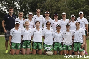 The Ireland W27s Touch squad: Back row: Conor Slack (coach), Dawn Smith, Anthea Joyce, Claire Picard, Ciara Gallagher, Ele Flood, Michelle Mulcahy, Michelle Coen, Sana Tansey (team manager), Front row: Sarah Jane Hannon, Amy Evans, Nicola Corcoran, Jenny McDonnell, Elaine Hall, Neasa Newell, Colleen Markland. Absent: Caitriona De Paor.Photo: Oliver O&rsquo;Flanagan.