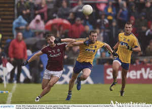 Eoghan Kerin of Galway in action against Conor Devaney of Roscommon during the Connacht GAA Football Senior Championship Final between Roscommon and Galway at Pearse Stadium in Galway. Photo by Paul Mohan/Sportsfile