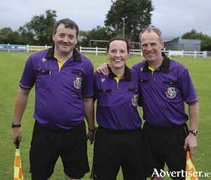 Referee Ann Sweeney with her assistant referees Stephen Redmond and Kevin Cox in the final of the Terence McDonnell Cup (sponsored by McHale Agri Forest and Garden) in Milebush Park Castlebar. Photo: Michael Donnelly