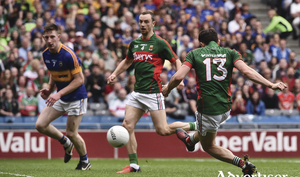 Back of the net: Jason Doherty fires home Mayo&#039;s first goal. Photo: Sportsfile.