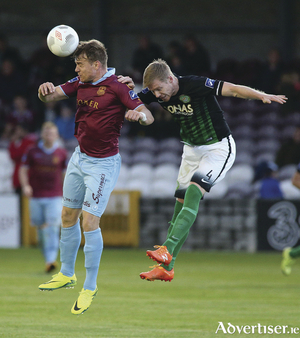 Vinny Faherty, Galway United, and Conor Kenna, Bray Wanderers, in action during the SSE Airtricity League Premier Division game at Eamonn Deacy Park.  Photograph: Mike Shaughnessy