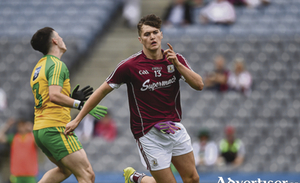 Salthill&rsquo;s Robert Finnerty  celebrates scoring a goal in the fifth minute during the Electric Ireland GAA Football All-Ireland Minor Championship semi-final game between Donegal and Galway at Croke Park in Dublin.
								 Photo by Ray McManus/Sportsfile