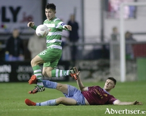 Galway United&#039;s Kilian Cantwell makes a successful challenge on Shamrock Rovers Aaron Dobbs in action from the SSE Airtricity League game in Eamonn Deacy Park on Tuesday night. 					Photo:-Mike Shaughnessy