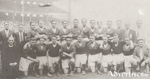 The Mayo 1936 All-Ireland team and officials pictured in New York in 1937. Back, left to right: Paddy Mullaney, Bernie Durkin (Chairman), George Ormsby, Patsy Flannelly, Henry Kenny, Patrick Collins, Tom Burke, Paddy Quinn, Purty Kelly, Gerald Courell, Tom Grier, Tommy McNicholas, S&eacute;amus O&rsquo;Malley. Front, left to right: Fr. Eddie O&rsquo;Hara, Pat Brett, Jackie Carney, Jim &lsquo;Tot&rsquo; McGowan, Paddy Moclair, &lsquo;Capt.&rsquo; Paddy Munnelly, Peter Laffey, Billie Mongey, Josie Munnelly, Tommy Regan, John Clarke. Image from Terry Reilly&rsquo;s The Green Above The Red.
