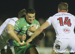 Conacht&#039;s Cian Kelleher on his way to scoring one of two tries in the 30-25 victory over  Ulster in the Guinness Pro12. Photo:-Mike Shaughnessy