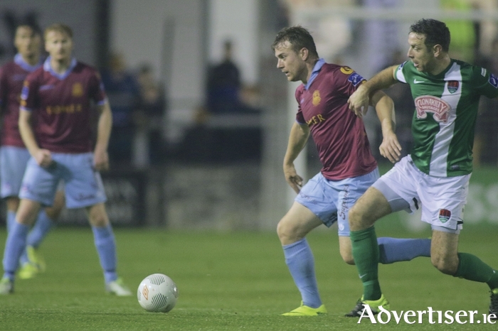 Galway United's Vinny Faherty and Cork City's Alan Bennett in action from the SEE Airtricity League game at Eamonn Deacy Park on Saturday. Photo:-Mike Shaughnessy