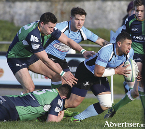 Galwegians outhalf Mitch Lam on the attack against Ballynahinch in  the Ulster Bank All-Ireland League division 1B game at Crowley Park. Photo:- Mike Shaughnessy 