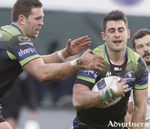 Try scoring duo Tiernan O&#039;Halloran and Craig Ronaldson in action from the European Rugby Champions Cup clash at the Sportsground on Saturday. Photo:-Mike Shaughnessy