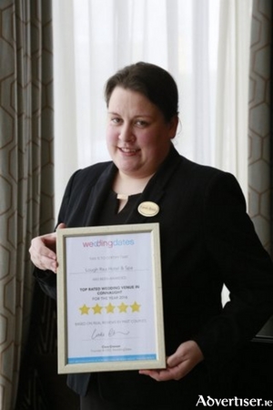 Pictured here with the coveted award from weddingdates.ie is Karen Brady, wedding coordinator, Lough Rea Hotel and Spa