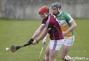 Galway goal-scorer Conor Whelan and Offaly&#039;s Aidan Treacy in the Allianz Hurling League Division 1B game at O&rsquo;Connor Park, Tullamore.       Photograph: Mike Shaughnessy
