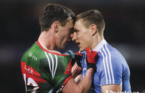 No backing down: Diarmuid O&#039;Connor and John Small getting up close and personal in Croke Park last Saturday night. Photo: Sportsfile. 