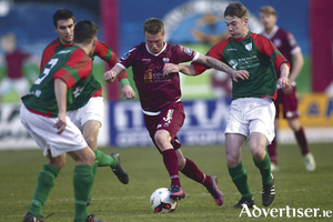 Galway United&#039;s Jesse Devers tussles with Mayo League&#039;s Sean Morrisey in action in the EA Sports Cup first round game at Eamonn Deacy Park on Monday night.
				Photo:-Mike Shaughnessy