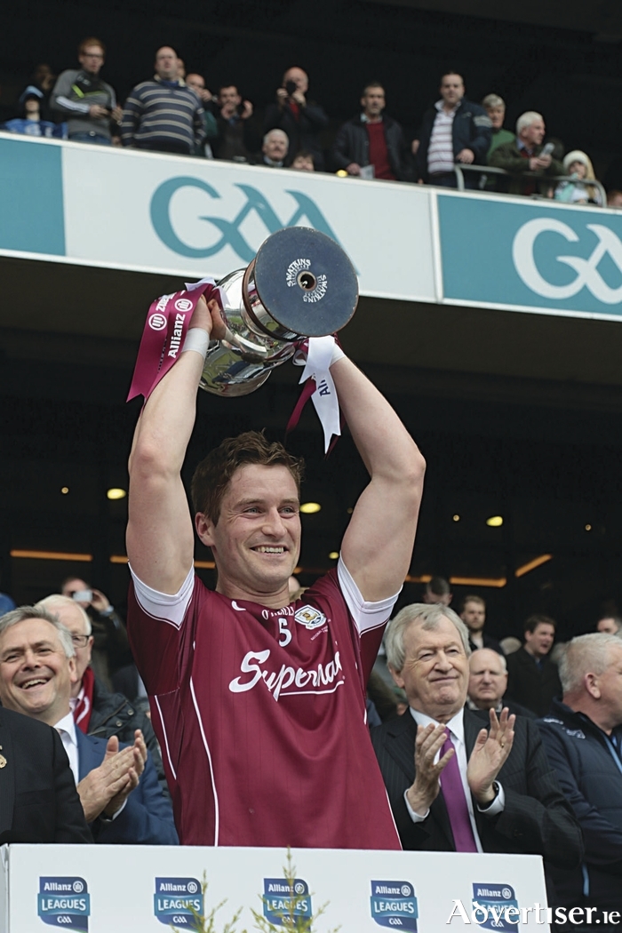 Captain Gary O'Donnell  lifts the Allianz Football League division 2 cup after at Croke Park on Sunday after Galway defeated Kildare. 
Photo:-Mike Shaughnessy